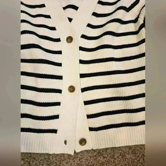 Studio B Brand Navy & White Striped Nautical Style Cardigan Sweater, Size Medium - Picture 3 of 5